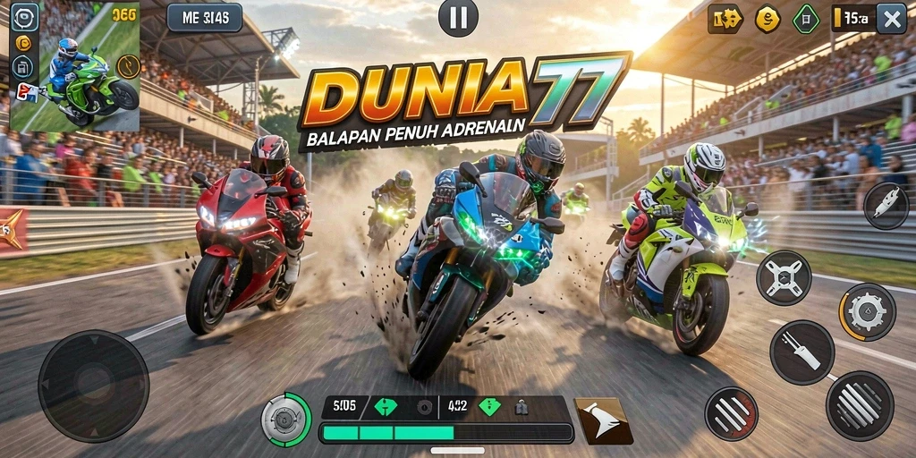 Screenshot gameplay DUNIA77 menampilkan aksi balapan motor yang mendebarkan.