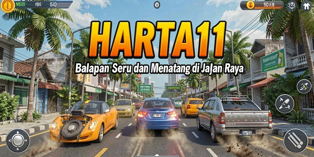 Screenshot gameplay HARTA11 menunjukkan aksi balap seru dan kendaraan yang menakjubkan.