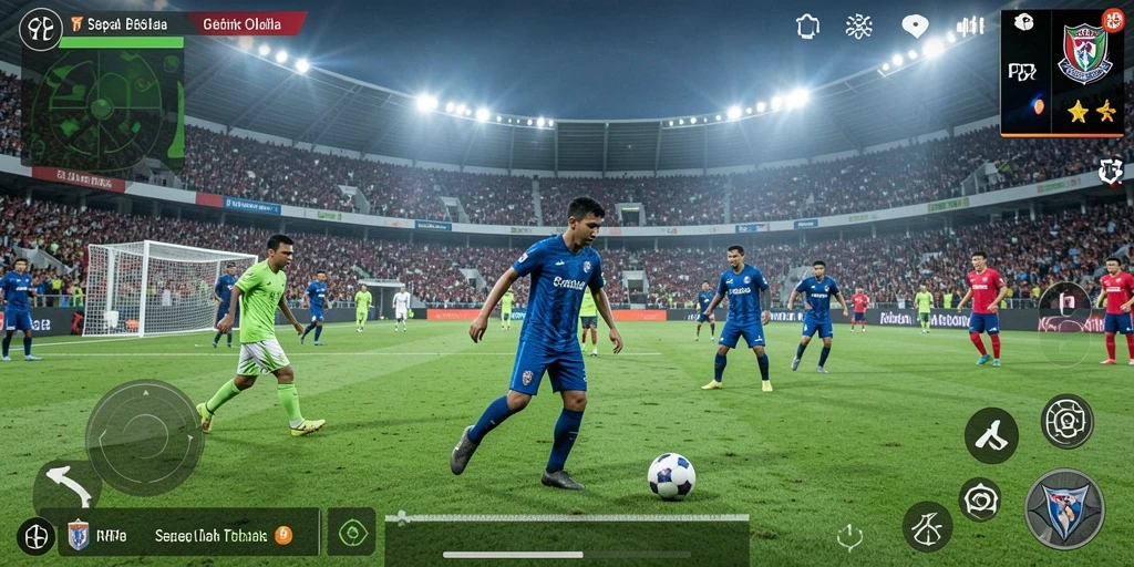 Tampilan gameplay RP8 dengan aksi sepak bola yang seru.