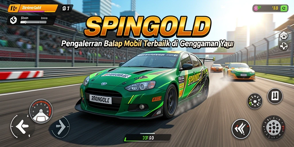Tampilan balapan menegangkan dalam SPINGOLD dengan mobil cepat di trek.