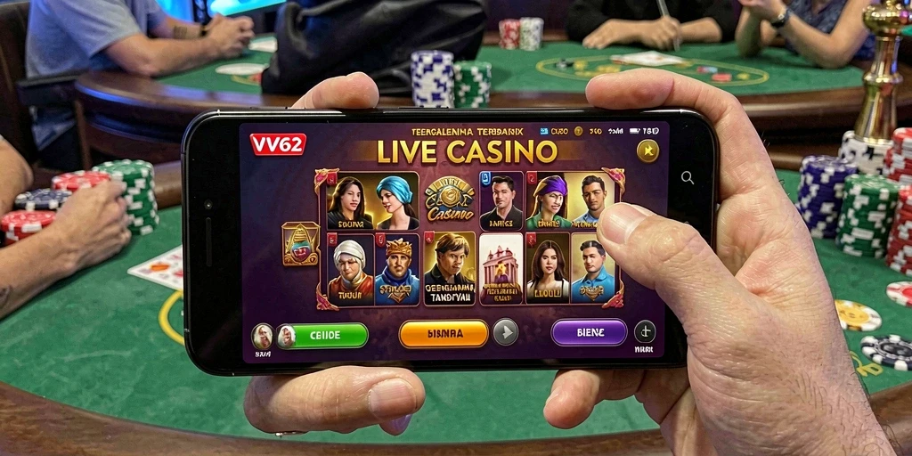 Screenshot gameplay Live Casino VV62 menampilkan dealer profesional dan meja permainan.